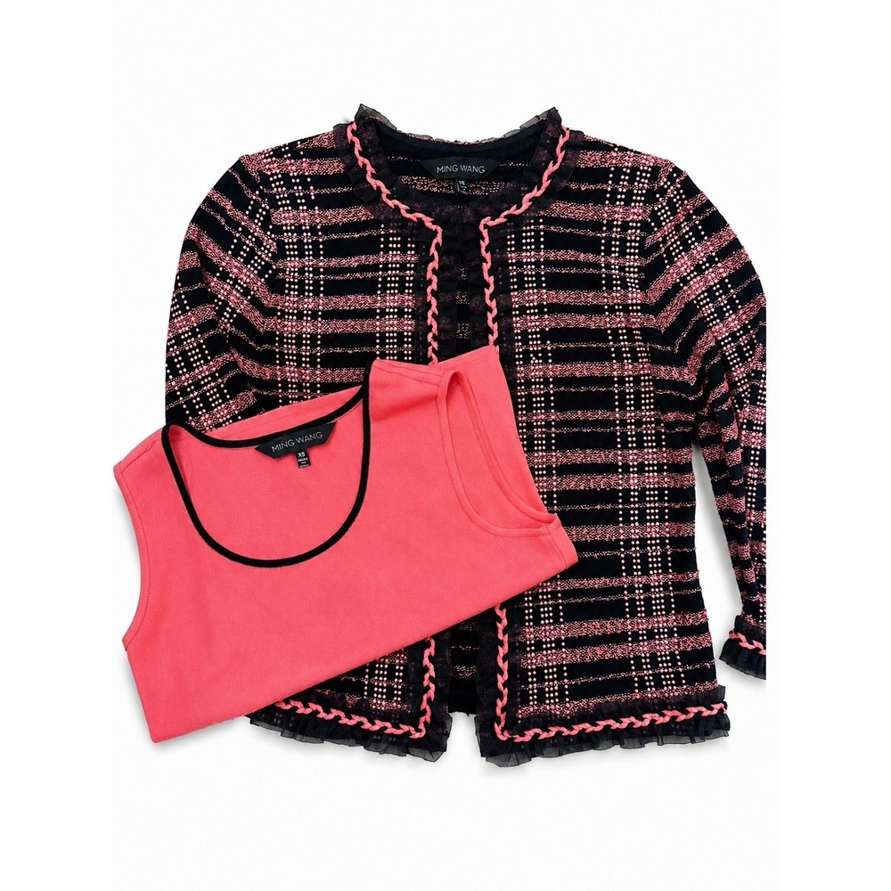 Ming Wang XS 2 Piece Coral Black Knit Jacket Tank Top Ruffle Trim Plaid cardigan